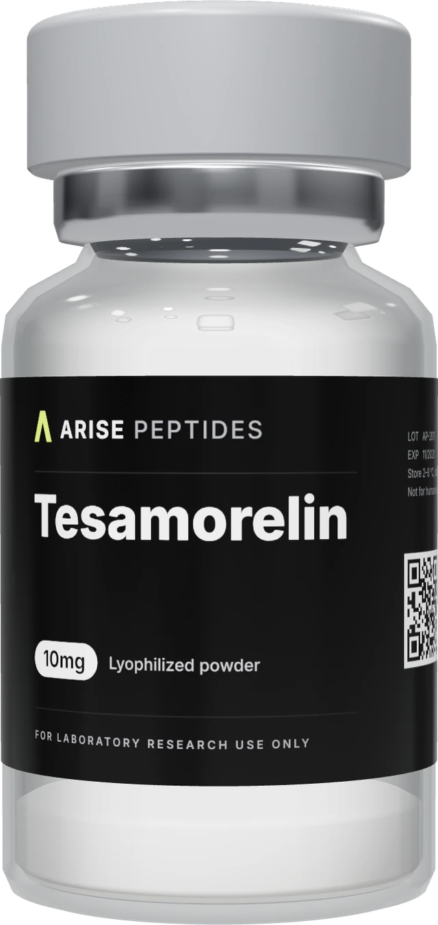 Tesamorelin 10mg research peptide vial, grey cap and black label