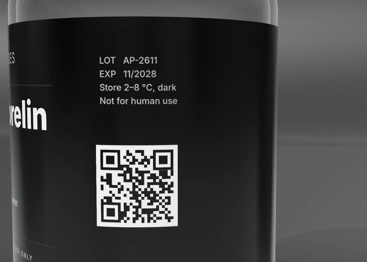 Close-up of a vial label showing its batch QR code