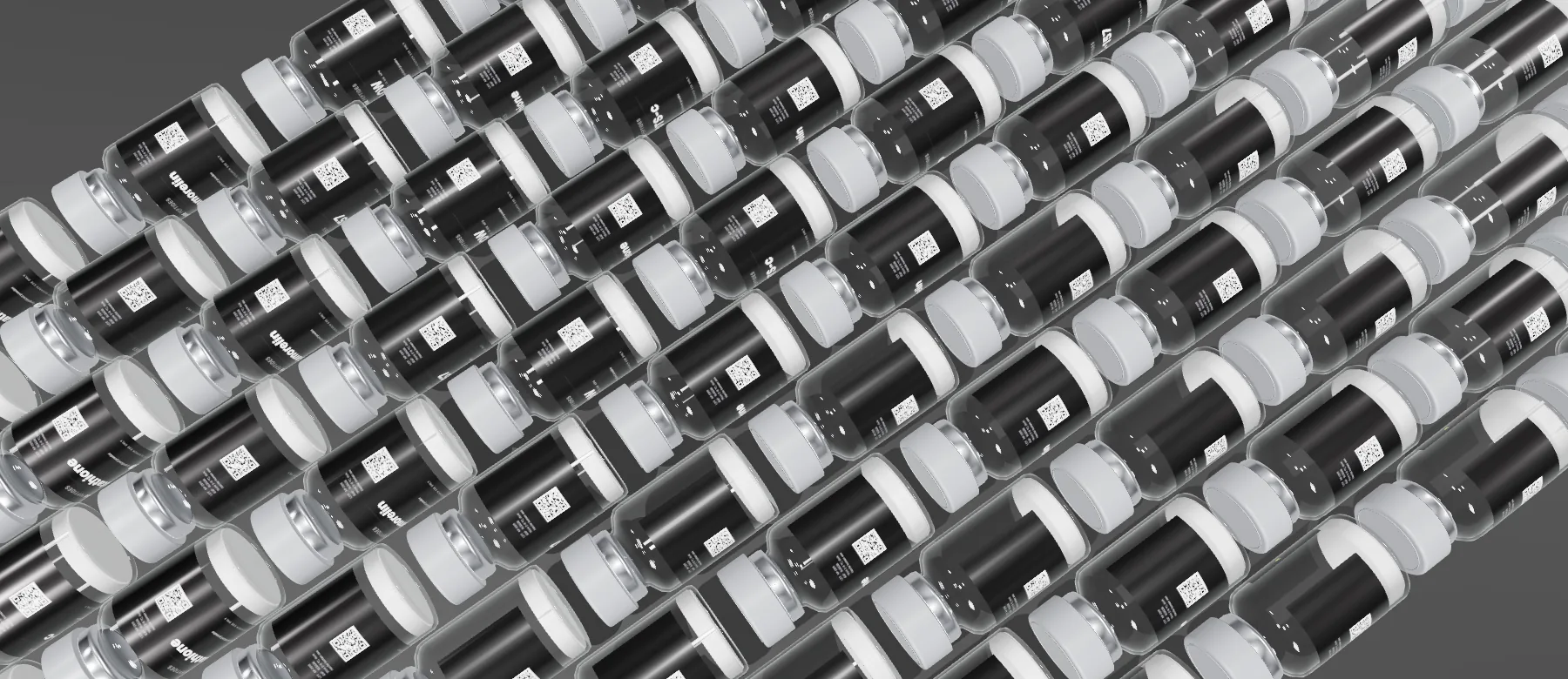 Rows of ArisePeptides research vials with black caps and labels, photographed from above